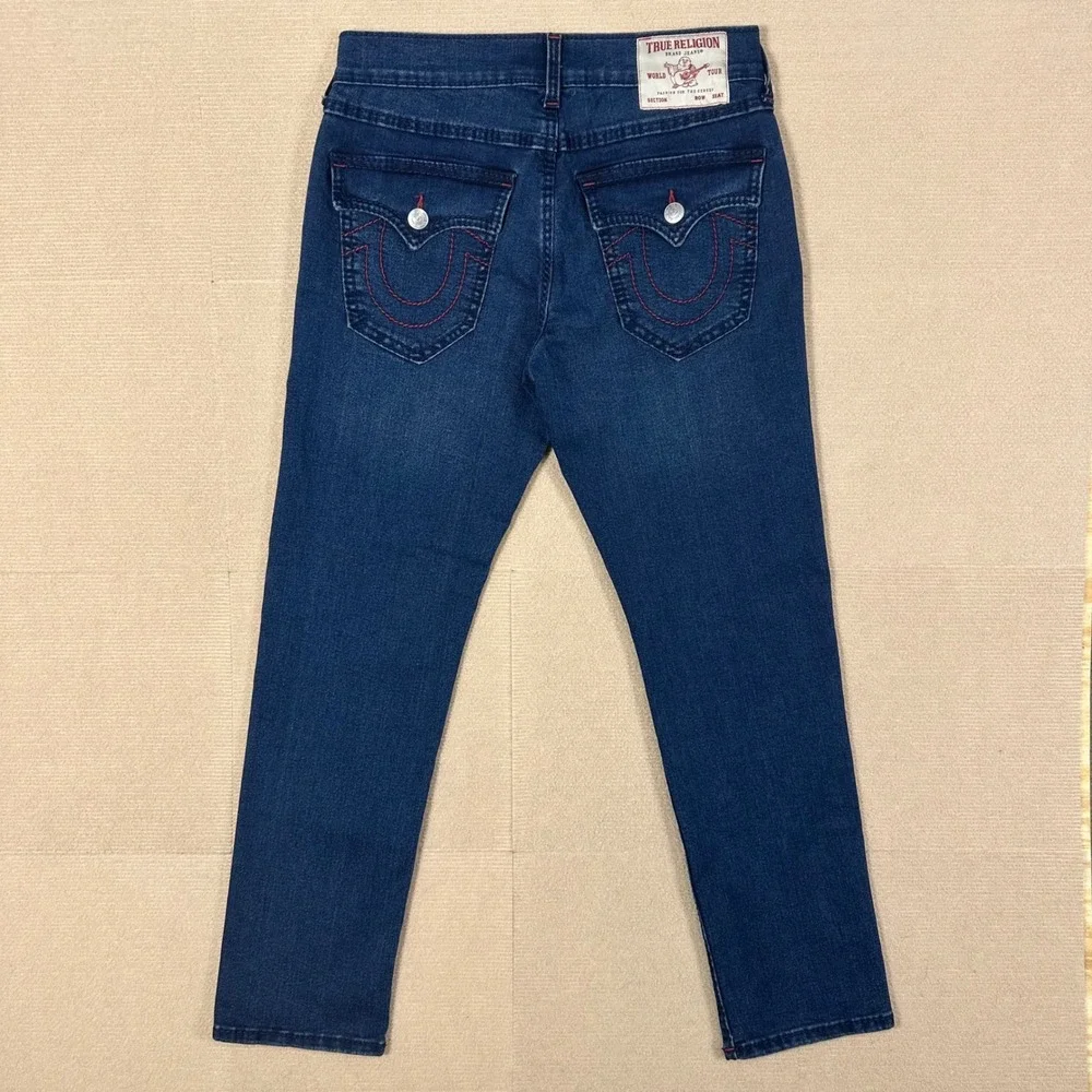 True Religion Big T Flap Jeans Men 30x30 Geno Relaxed Slim Dark Wash Red Stitch